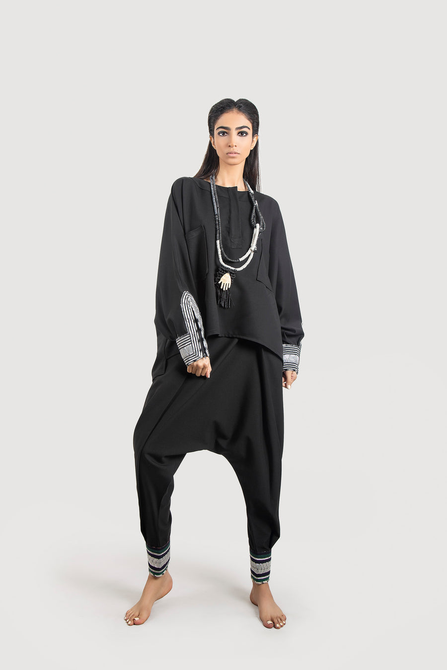Silver Baluchi Sleeve Black Blouse