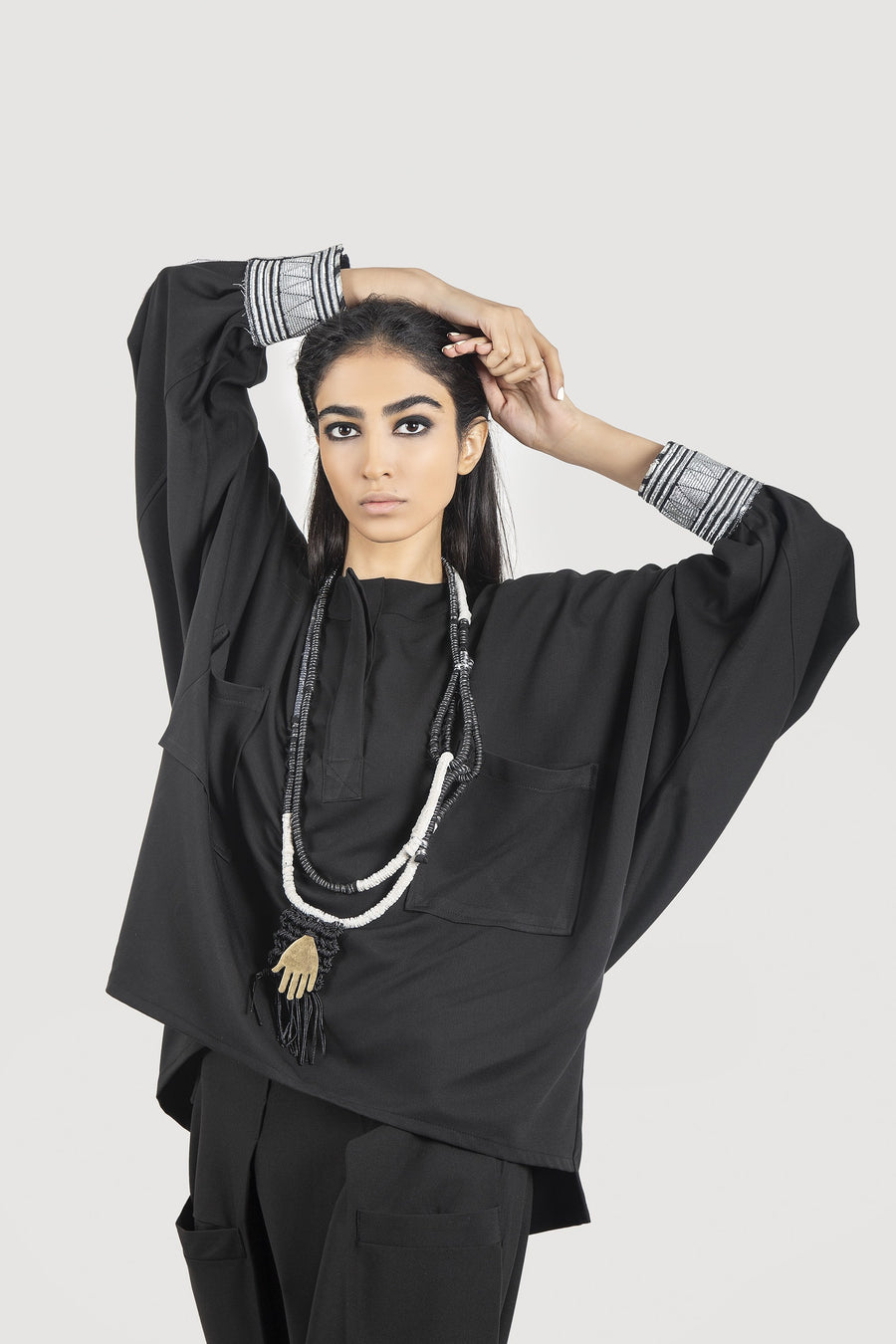Silver Baluchi Sleeve Black Blouse