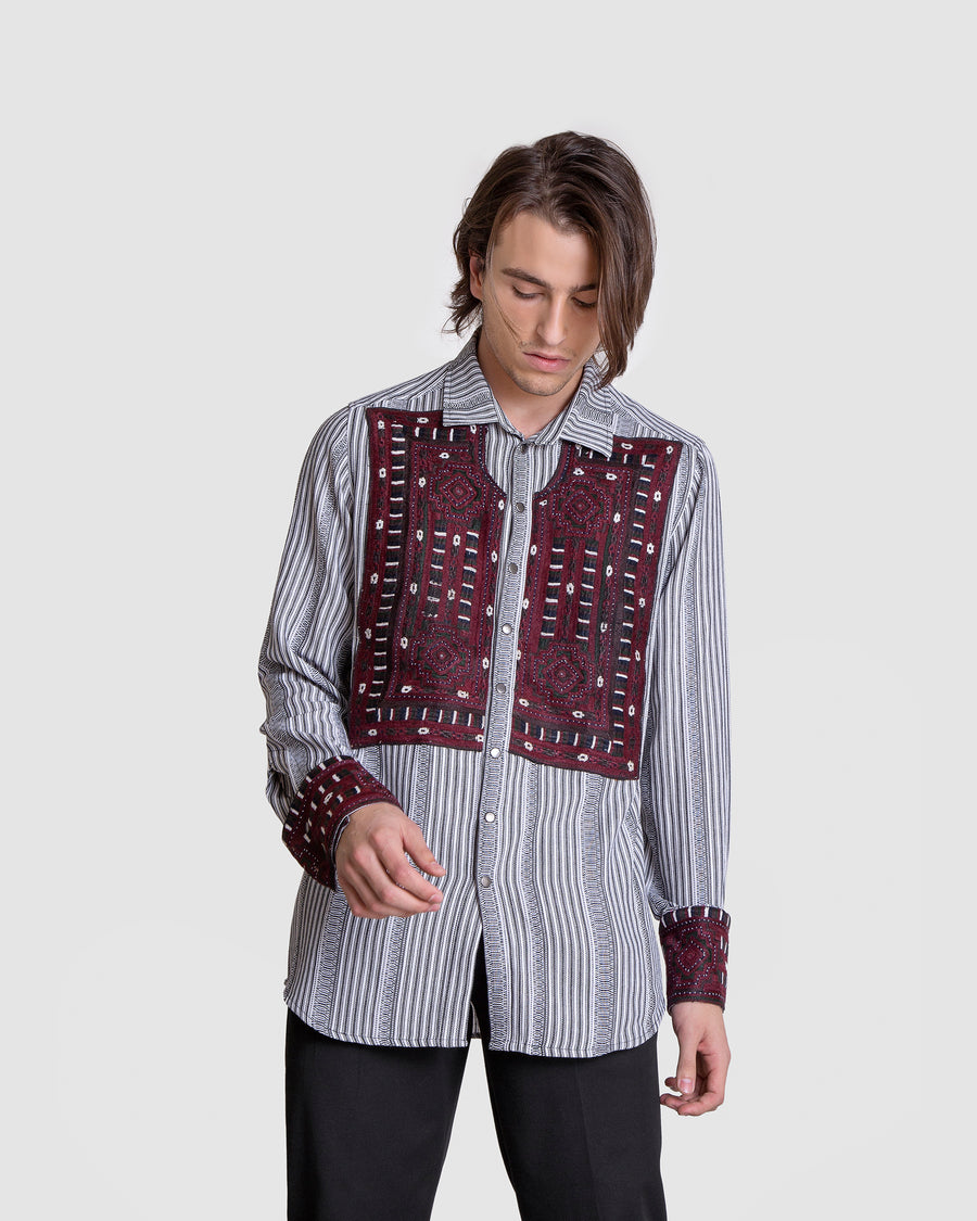 Washed-Out Embroidery Patch Striped Shirt